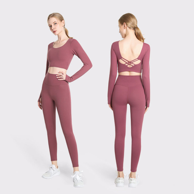 Long Sleeve Two Piece Yoga Outfits Moisture Wicking Yoga Pants And Tops Sets