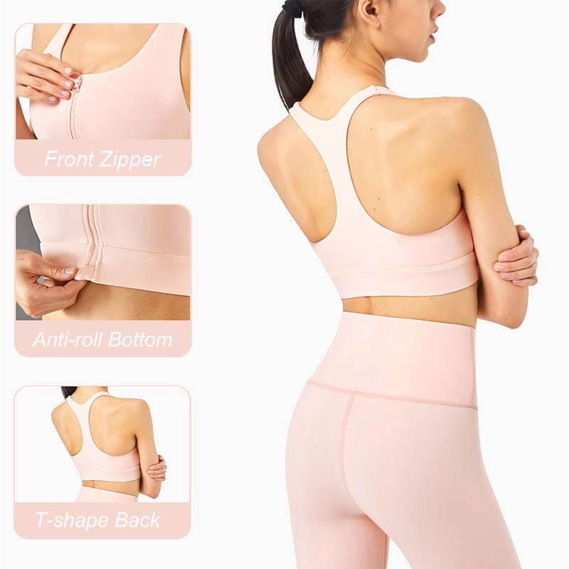 Front Zipper Womens Sports Top Shockproof High Impact Racerback Sports Bra